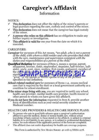 New Mexico Caregiver's Authorization Affidavit Form pdf free